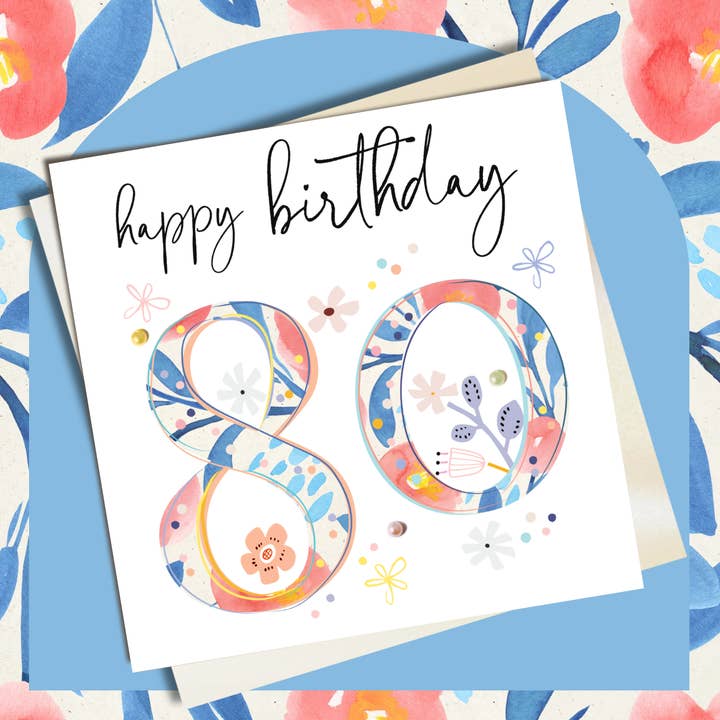 happy birthday 80 - floral number Greeting Card for wholesale by Katie Phythian Design
