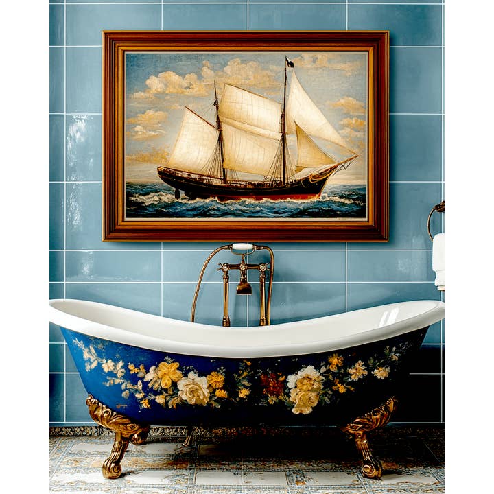 Mowbi - Wholesale Art Print - Bathtub and Ship Artwork - Bathroom Wall Art Prints – 8″x10″ Artwork for 11″x14″ Frame