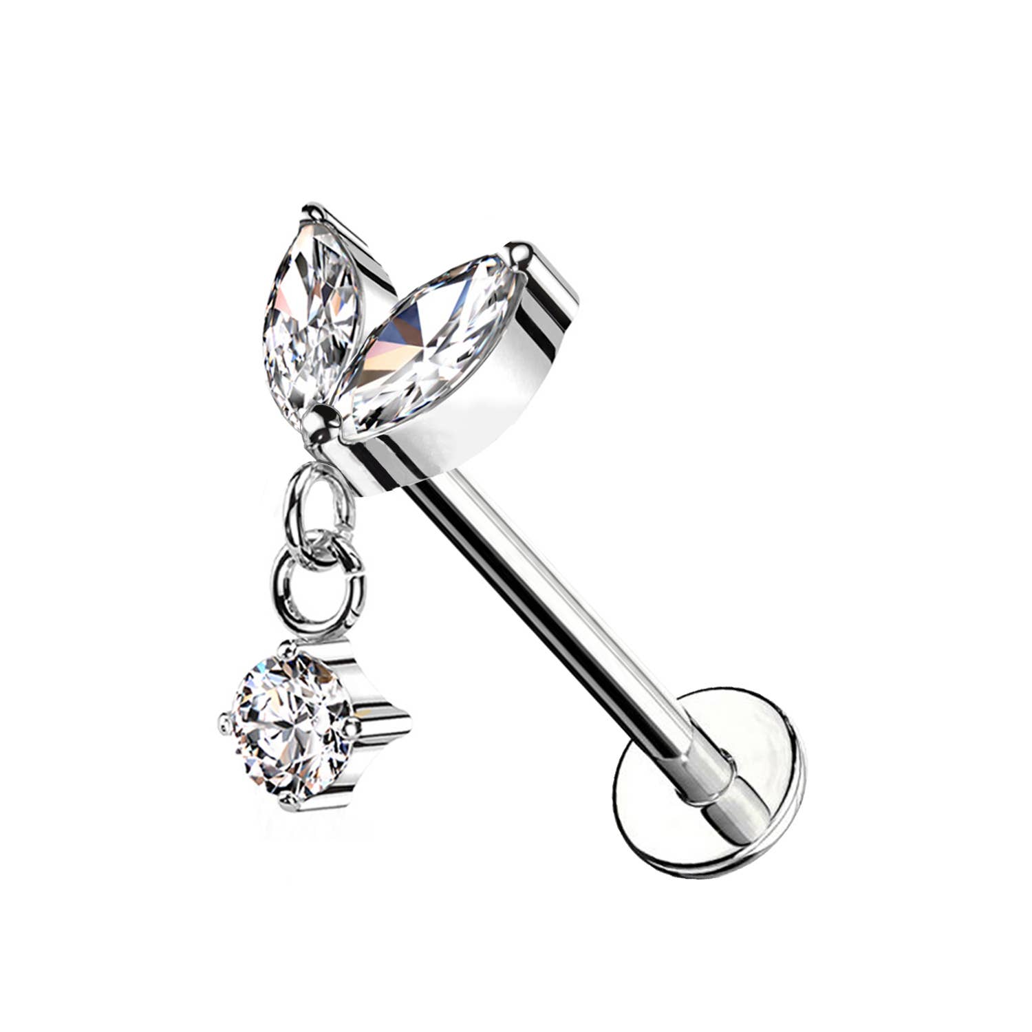 Awaken - Wholesale Stud/Post Earrings - Labret Piercing with Two Marquise Crystals and Pendant3