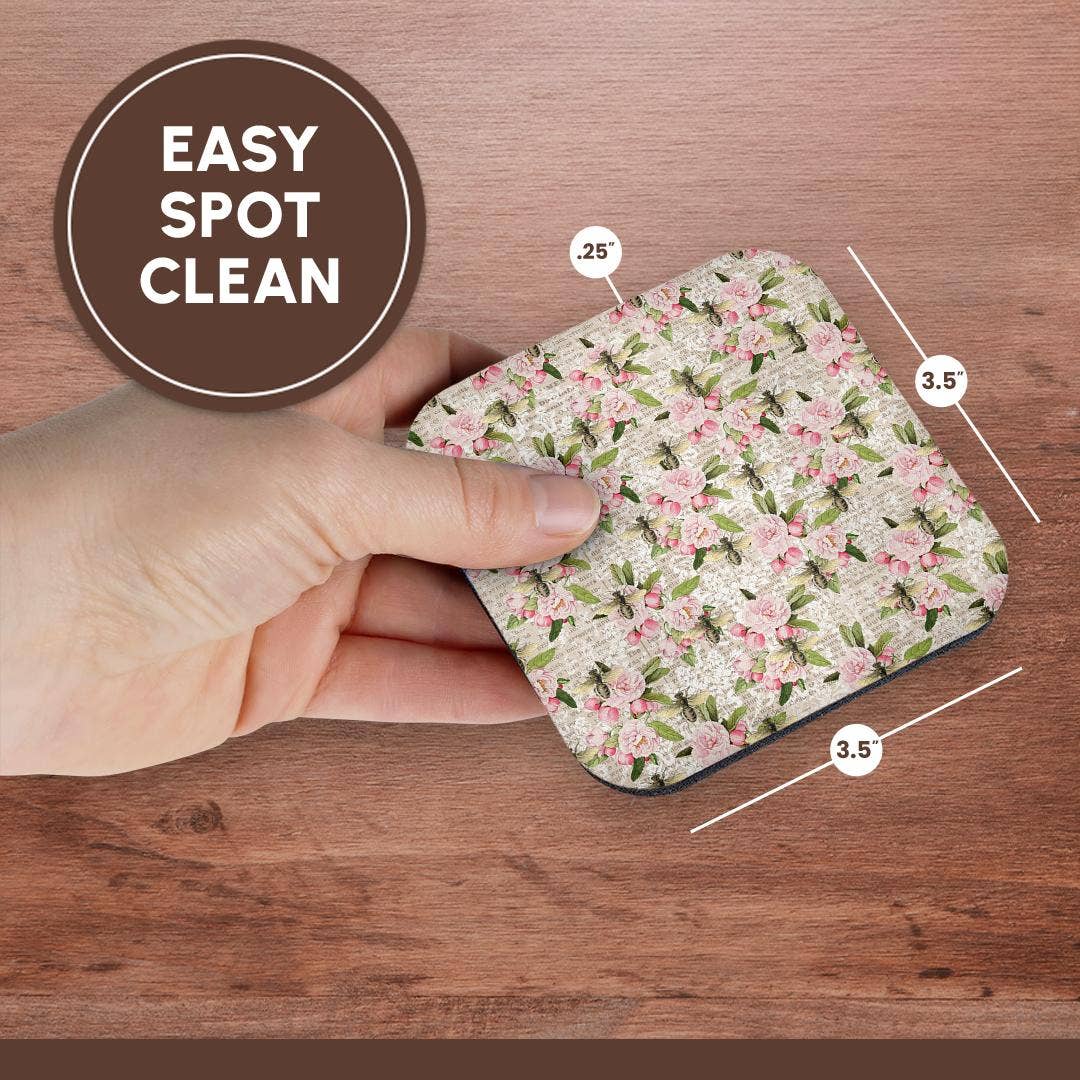 3dRose – Großhandel Untersetzer – 3dRose, Hübsches rosa Blumenmuster mit Bienen-Collage, Untersetzer13