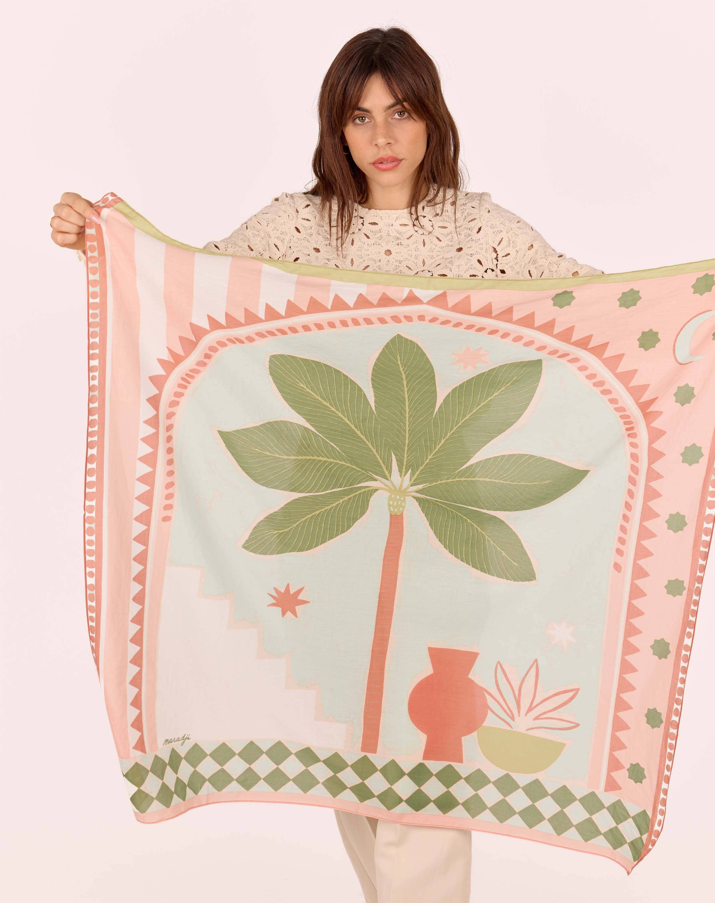 Maradji - Venta al por mayor Bufanda - Mujer - Pañuelo de algodón color caqui con diseño Riad3