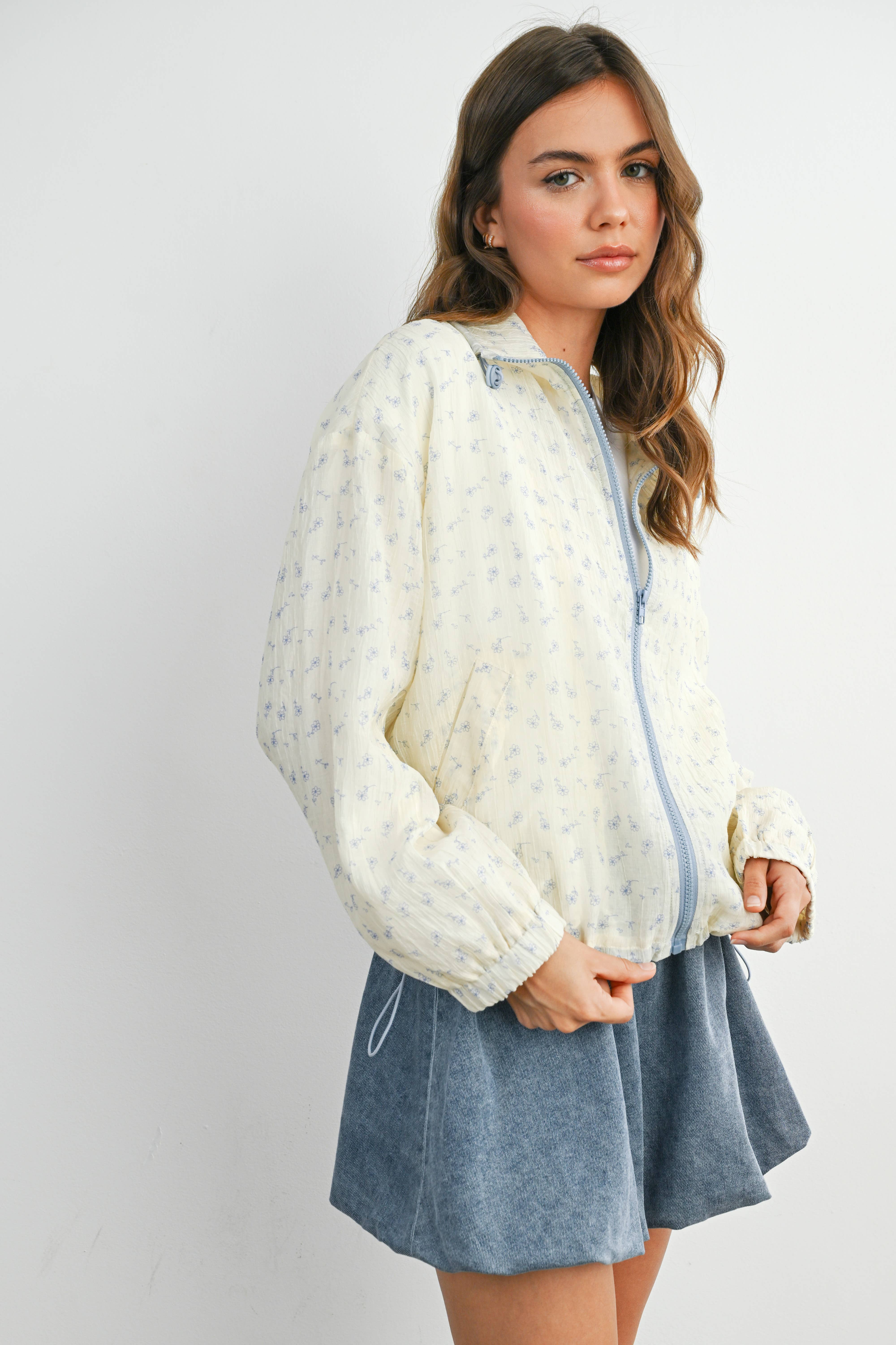 BUTTERMELON - Wholesale Jacket - Women's - Floral Zip-Up Collared Jacket - BMJ78827