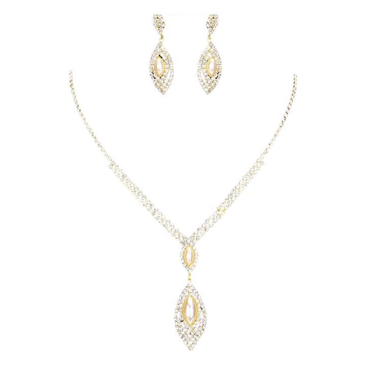 Silver Crystals Marquise Pearl Necklace and Earrings Set for wholesale by Cool Crystals