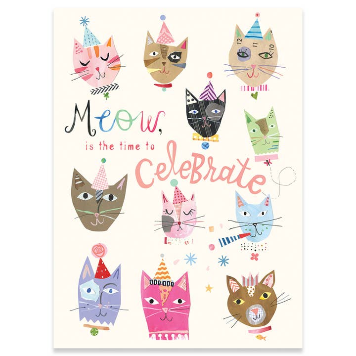 MEOW TIME TO CELEBRATE BIRTHDAY GREETING CARD 4.5 x 6.25" for wholesale by Calypso Cards LLC
