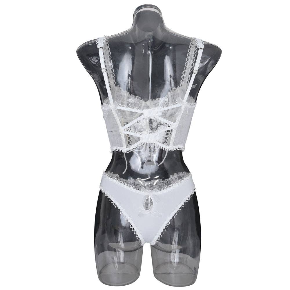 Hvid Damer Blomstret Broderi 2-delt Lingeri Korsetsæt SKLG4101 for engroshandel på Faire4