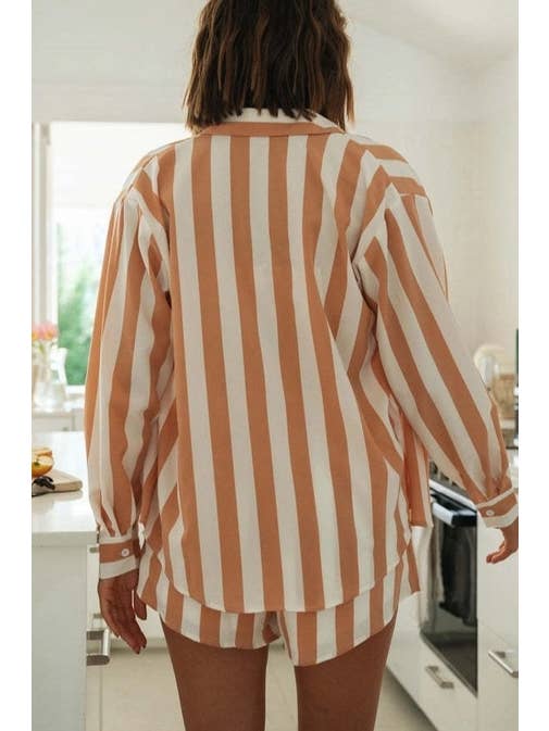 Orange Ladies Stripe Top and Shorts Daily 3PCS Set SKST1704 for wholesale on Faire