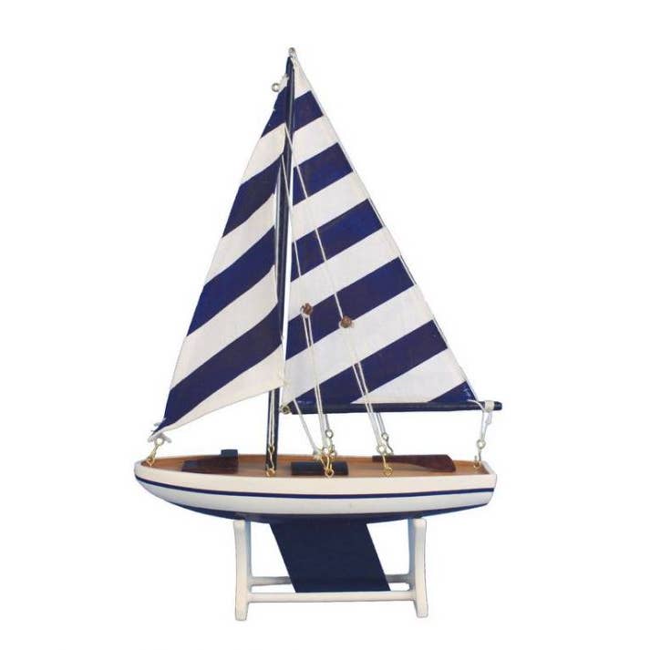 Hampton Nautical – wholesale Decorative tabletop object – Decorative Sailboat Model with Blue Stripes 12"