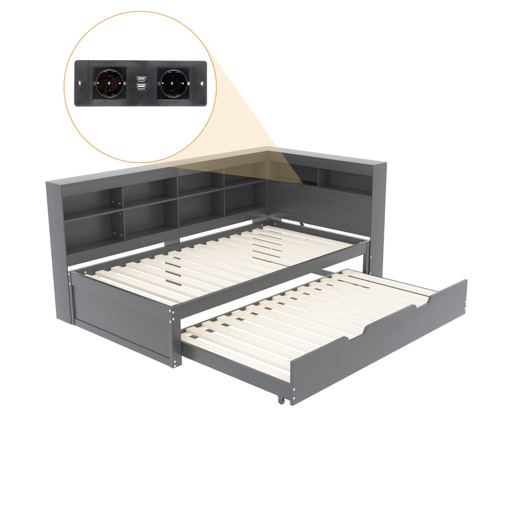 Urban Meuble - Wholesale Bed - Solid wood trundle bed gray 90*200 with USB port and multiple storage GIRCAET11