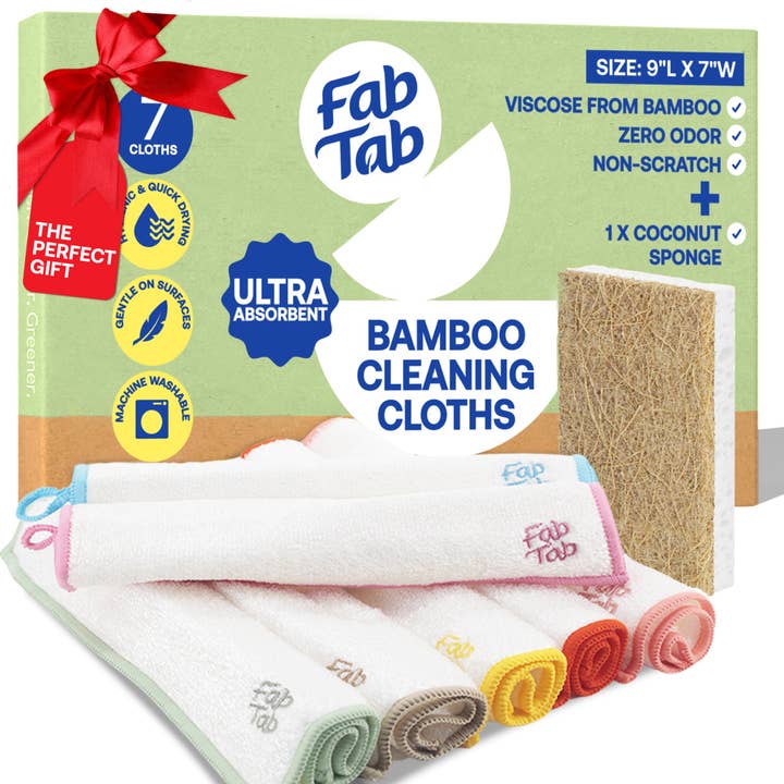Bamboo Cleaning Cloths Medium 7 Pieces Plus Coconut Sponge for wholesale by FabTab