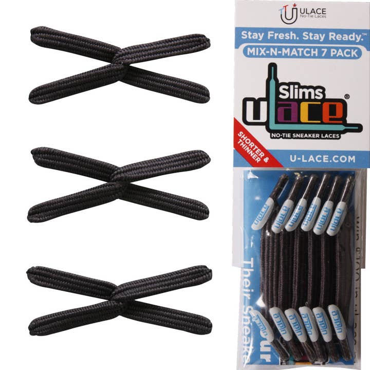 U-Lace No-Tie Sneaker Laces - Wholesale Shoelaces - Unisex - U-Lace Slims - No-Tie Laces - 7-Lace Pack - Dark Gray