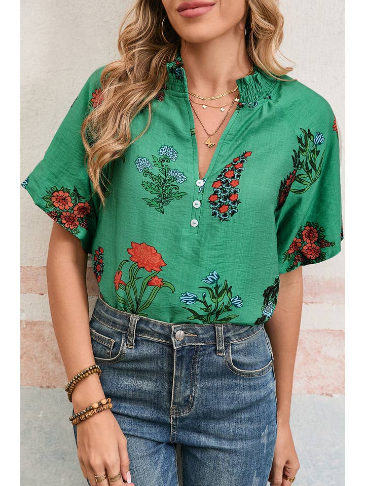 Bright Green Floral Buttoned V-Neck Summer Blouse for wholesale on Faire