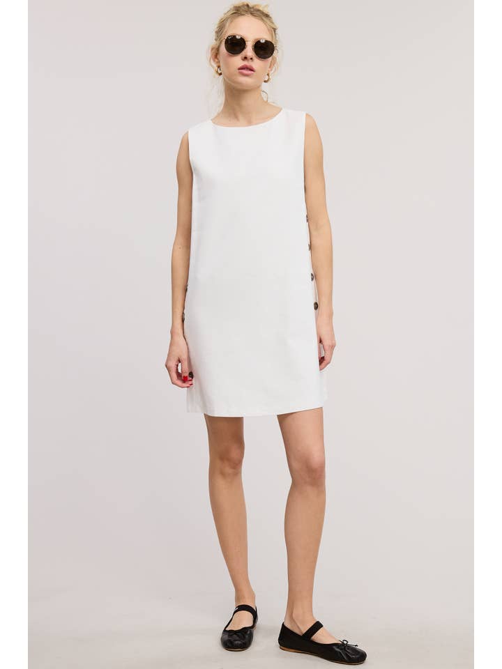Mimosa - Wholesale Dress - Women's - Wooden Side Button Detail Sleeveless Linen Mini Dress