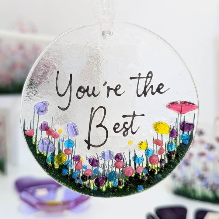 Handmade Fused Glass Hanging Decoration - 'You're the Best' for wholesale by Pam Peters Designs