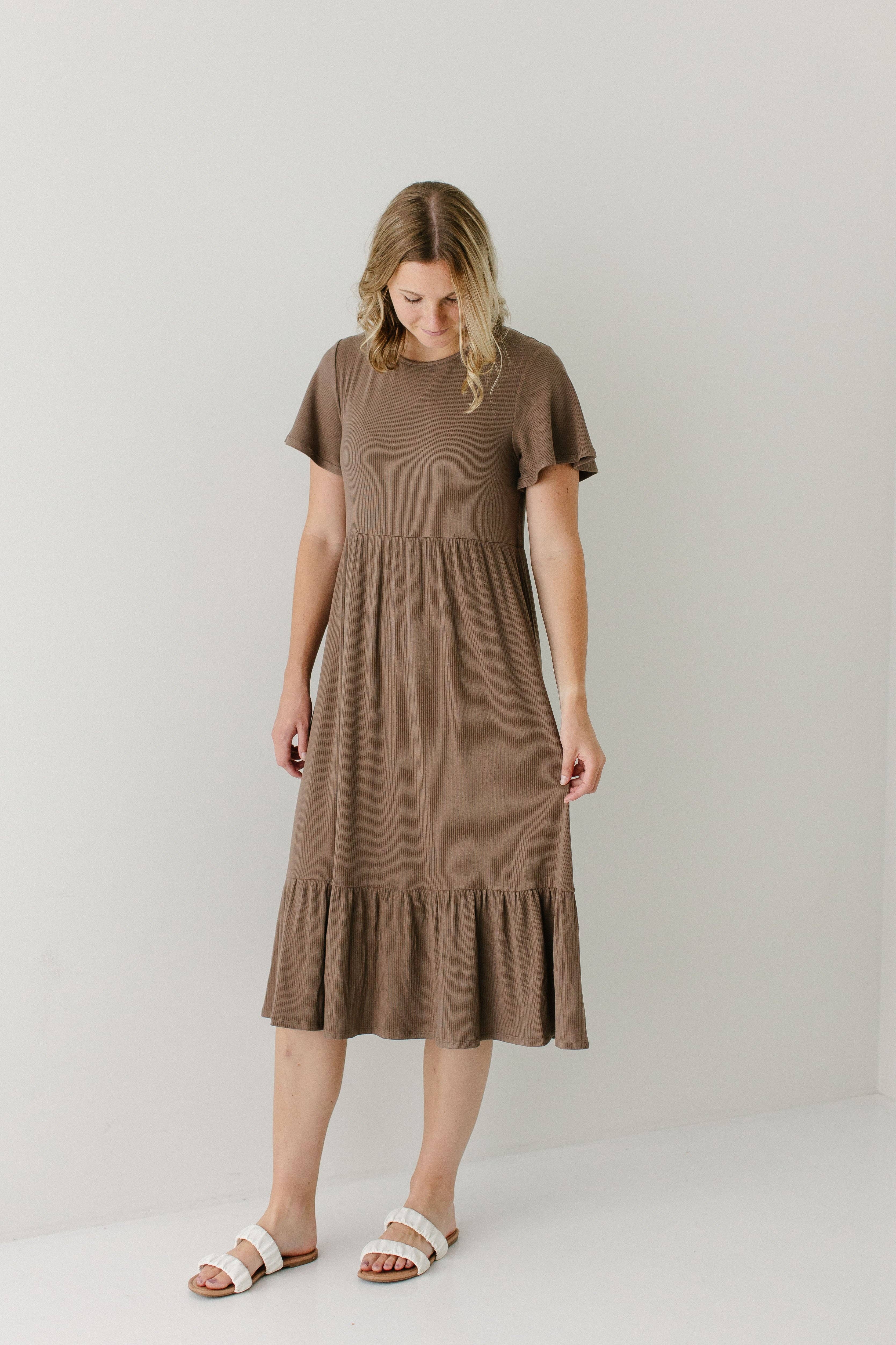 'Shiloh' Ribbed Tiered Midi Dress in Mocha FINAL SALE for wholesale on Faire14