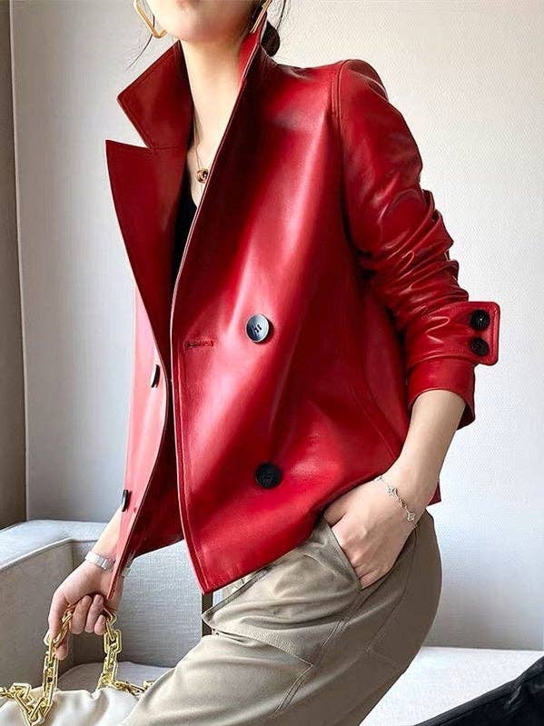 Sheer Trend – wholesale Leather jacket – Women′s – Long Sleeve Solid Color Notched Collar Jacket0