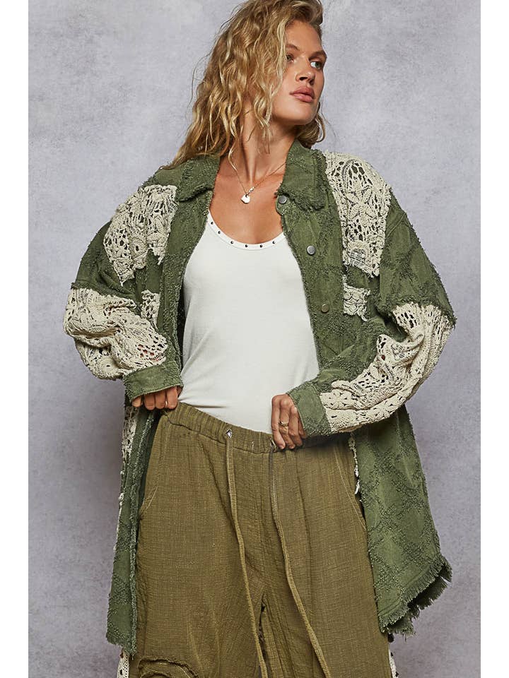 Pol Clothing - Wholesale Shirt Jacket/Shacket - Women's - Vintage washed oversize crochet patches shacket
