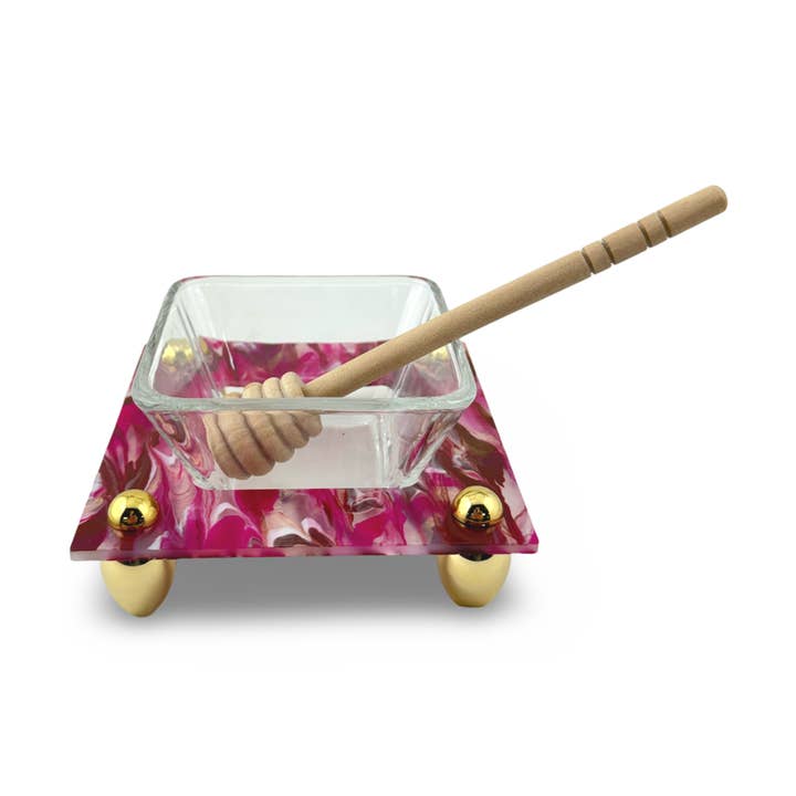 Pink Marbled Acrylic Contemporary Honey Dish for wholesale by Joy Stember Metal Arts Studio LLC