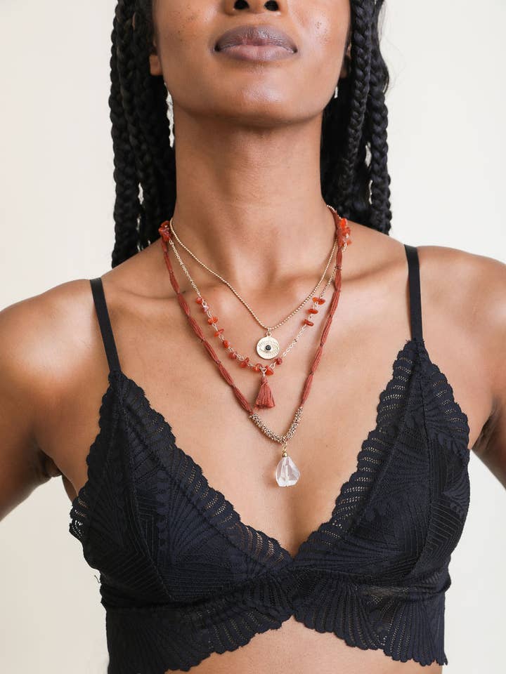 Carnelian & Crystal Pendant Multi Layered Necklace for wholesale by Leto Accessories