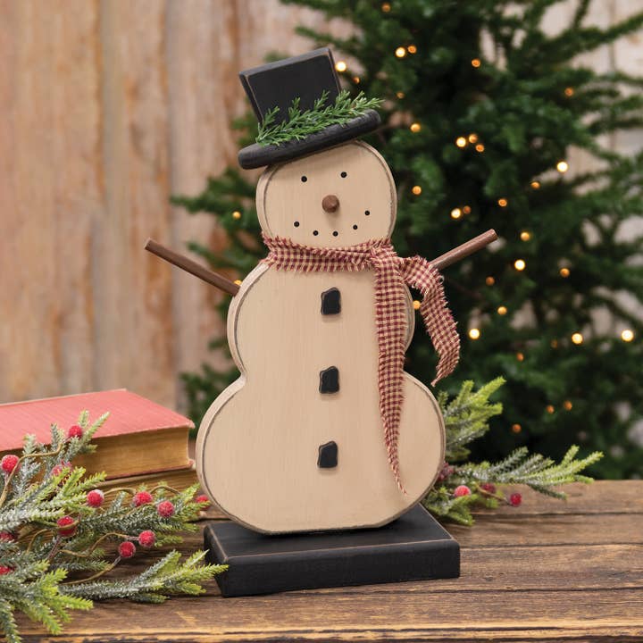 The Hearthside Collection - Wholesale Christmas Decoration - Distressed Wooden Snowman on Base w/Gingham Scarf1