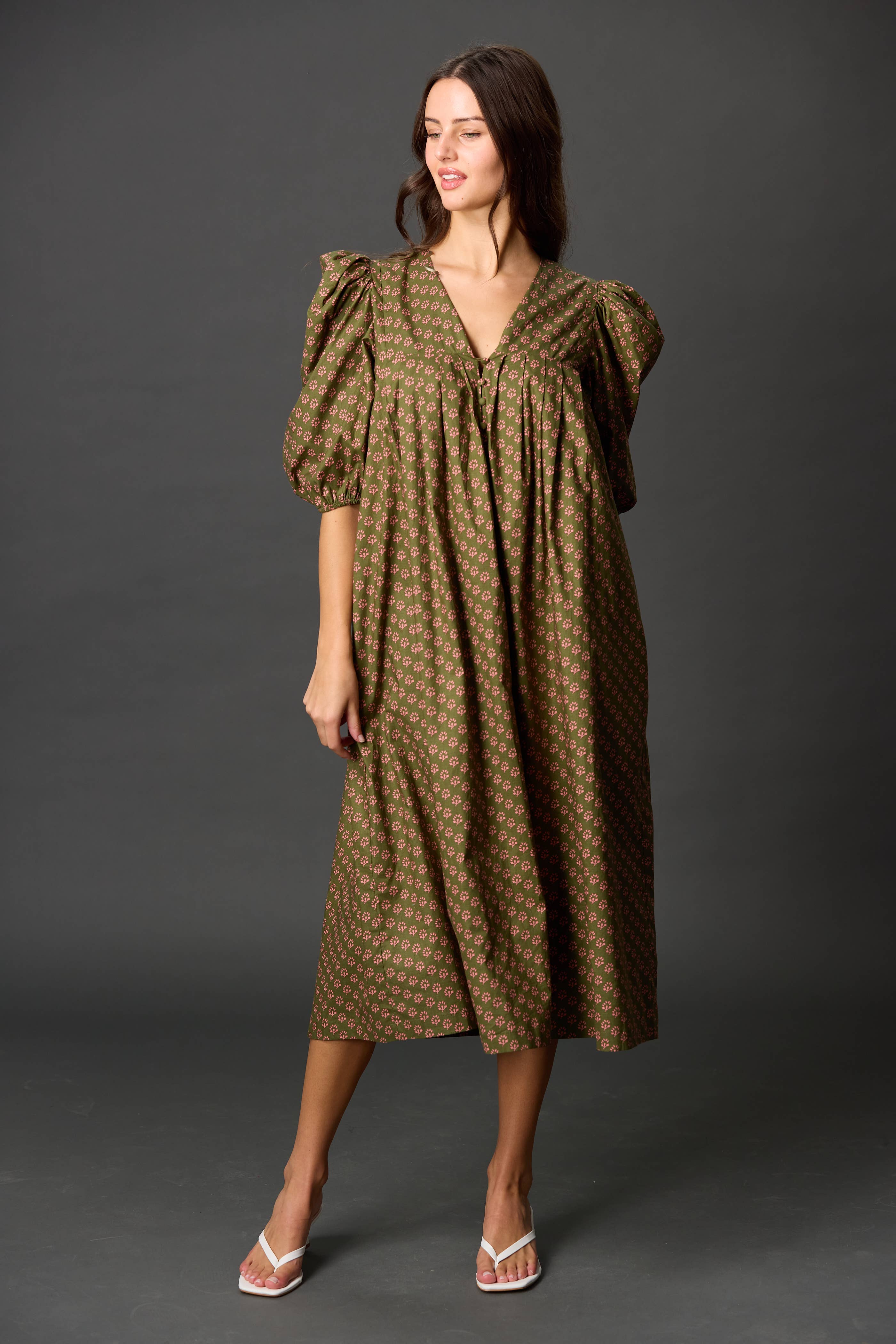 Olive Mauve Poplin Puff Sleeve Midi Dress for wholesale on Faire1