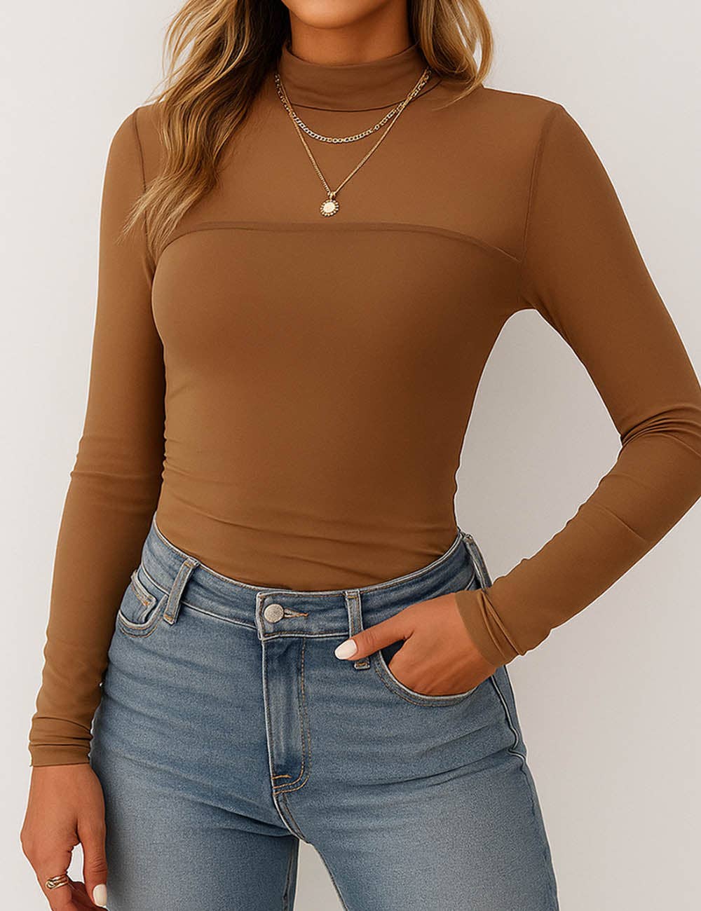 Sweetkama - Wholesale Knit Top - Women's - Ladies See Sheer Mock Neck Long Sleeves Mesh Top9