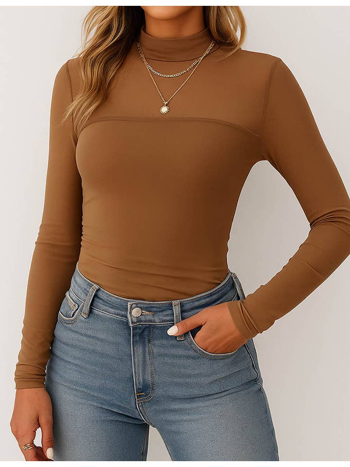 Sweetkama - Wholesale Knit Top - Women's - Ladies See Sheer Mock Neck Long Sleeves Mesh Top9