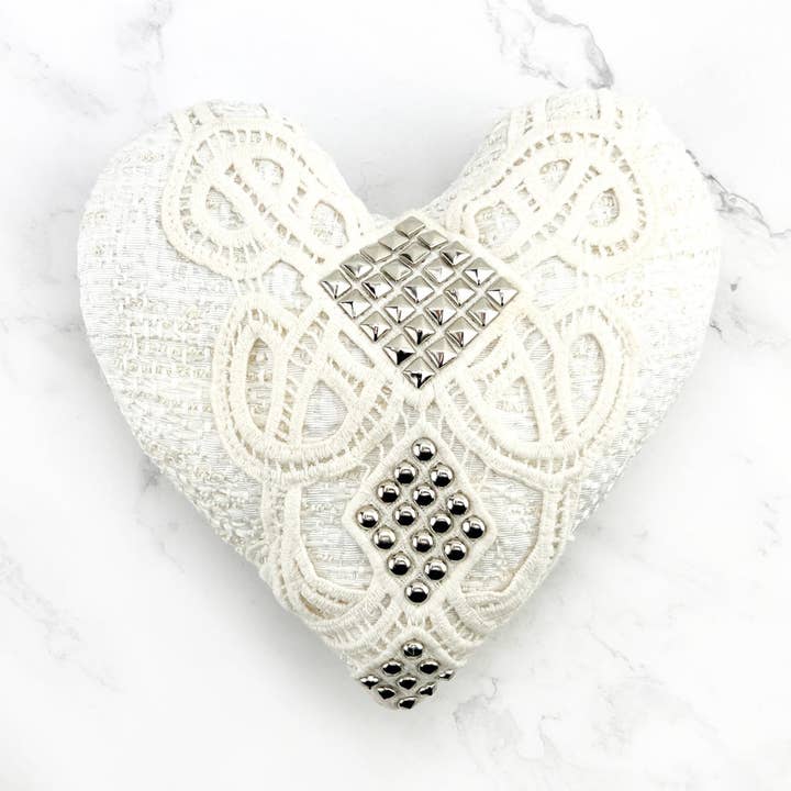Off-White and Silver Studded Heart Pillow for wholesale by Sumie Tachibana