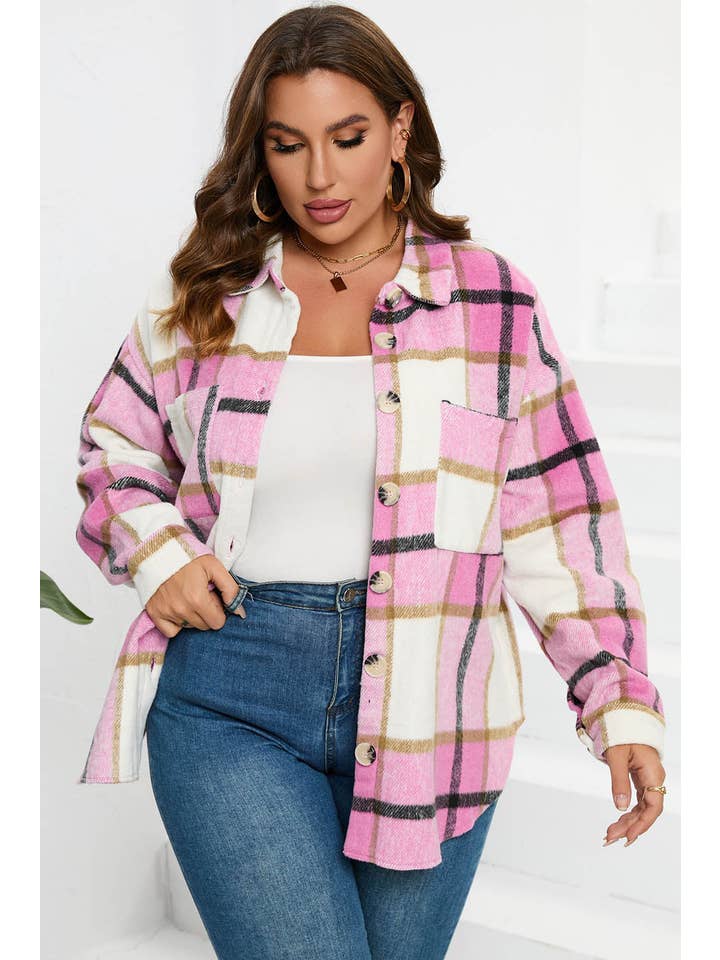 PRETTY BASH - Wholesale Shirt Jacket/Shacket - Women's - Plaid Button-Up Long Sleeve Pocketed Shacket6