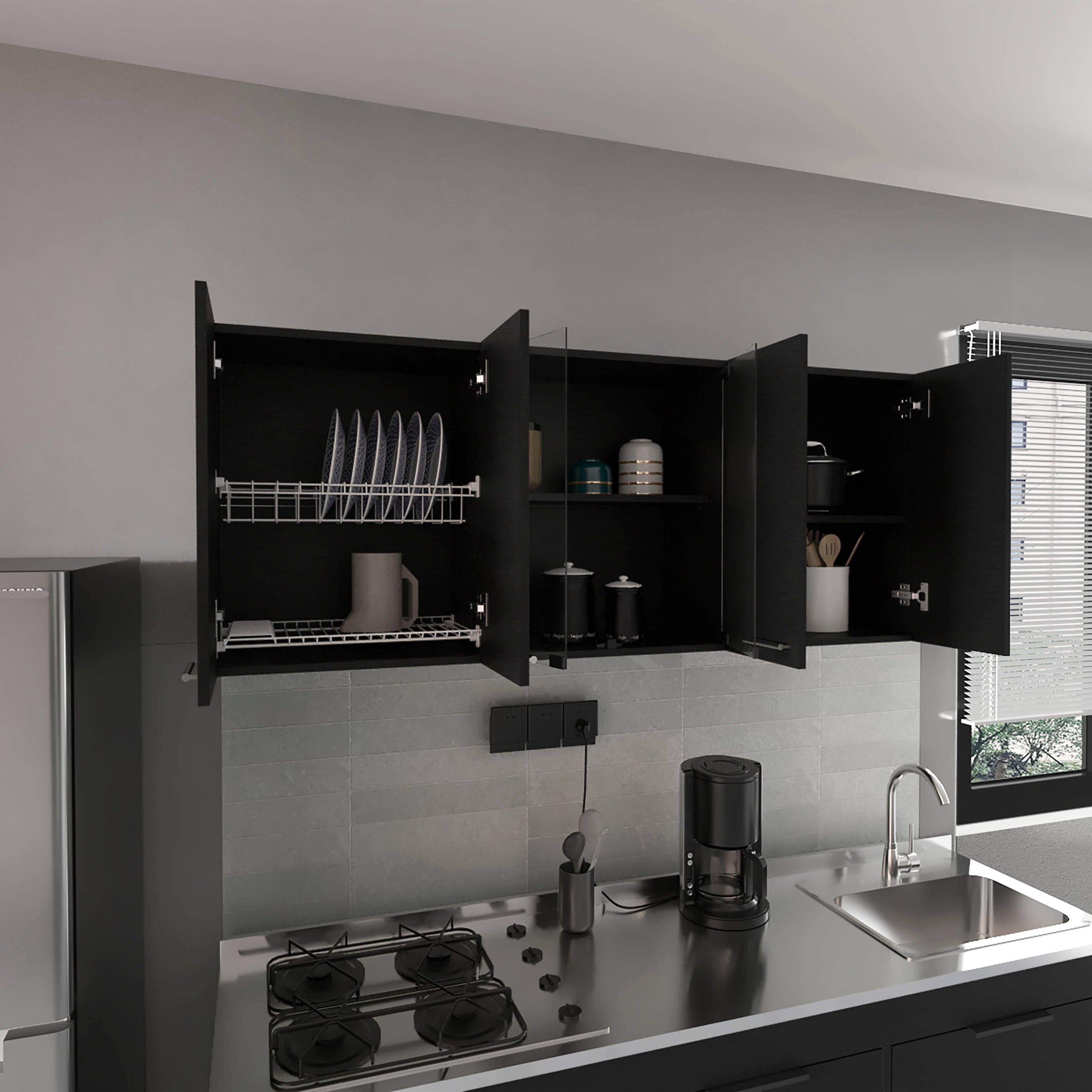 Black Kitchen Wall Cabinet with Glass 150, with multiple doors for wholesale on Faire6