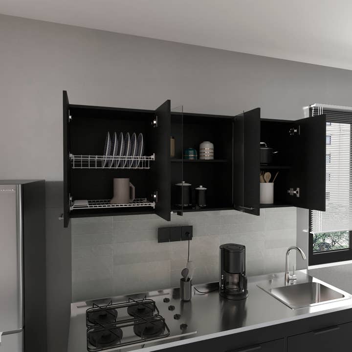 Black Kitchen Wall Cabinet with Glass 150, with multiple doors for wholesale on Faire6