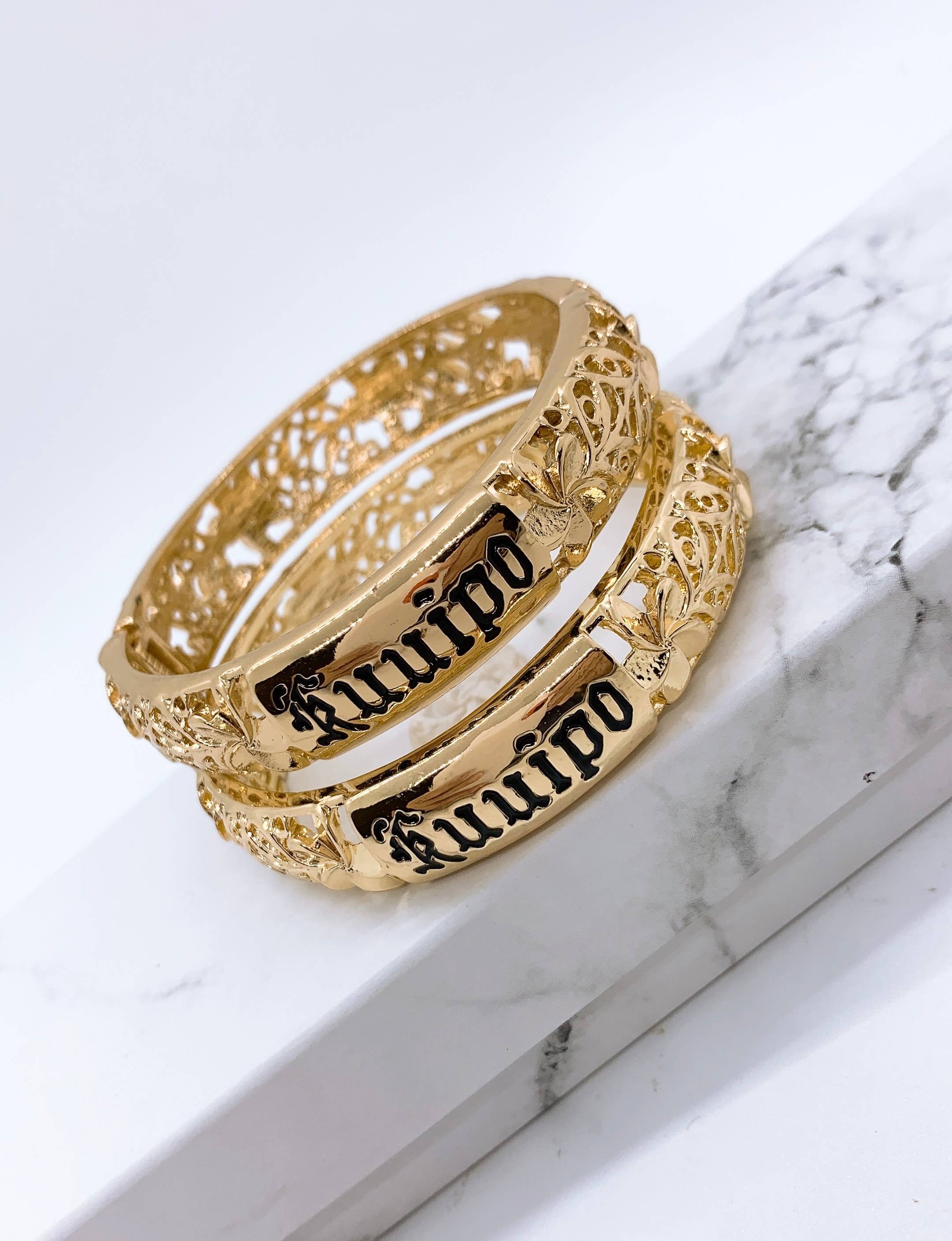 Anela's Jewelry - Wholesale Bangle Bracelet - Kuuipo with Plumeria Flower 12MM Hawaiian Hamilton Gold Bracelet3