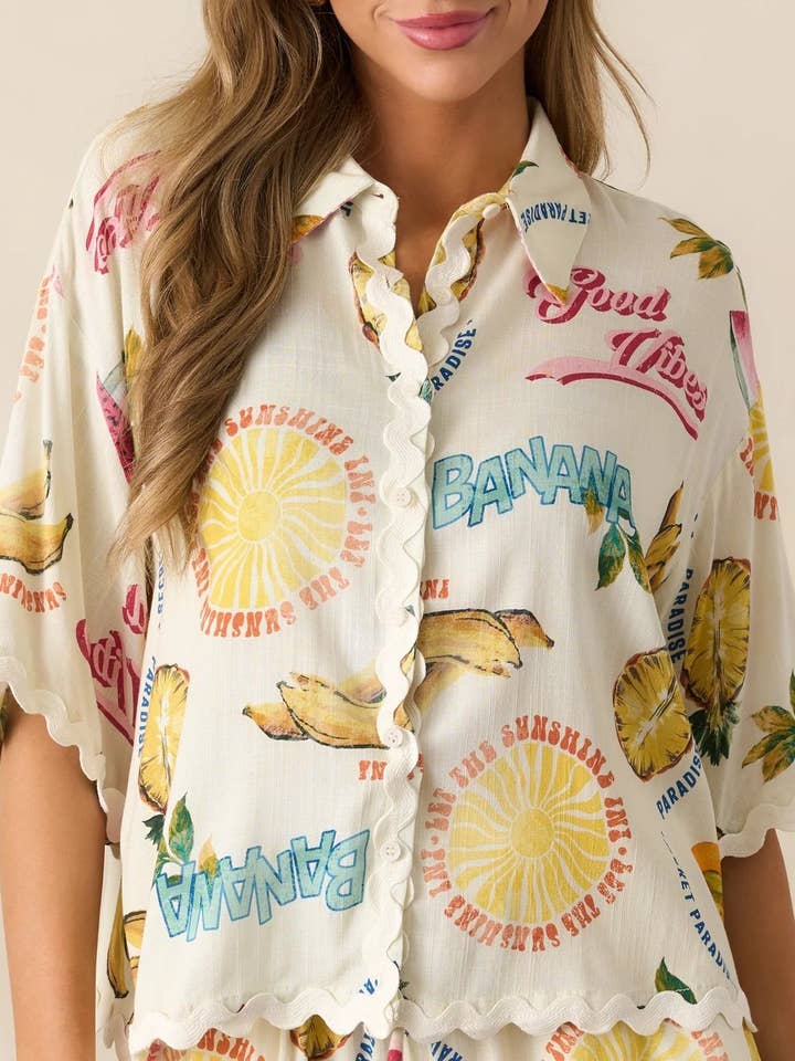 Multi Tropical Fruits Unique Print boxy Shirt & Shorts Resort Set for wholesale on Faire