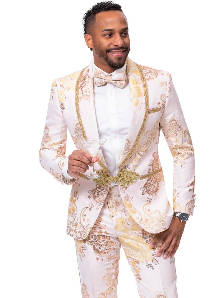 Wedding Tuxedo in White & Gold for wholesale by Alberto Nardoni