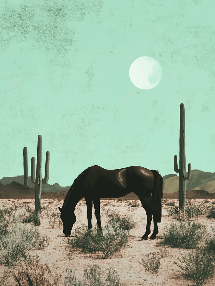 Black Stallion in Desert - Southwestern Home Decor Wall Art Prints – 8″x10″ Artwork for 11″x14″ Frame for wholesale by Mowbi