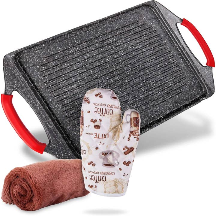 Chapa de Alumínio para Churrasco, Grelhador Retangular de 18x10,5" para Cozinha Interior, Chapa Antiaderente para Fogão, Para Peixe, Legumes e Como Frigideira para Bifes, Grelhador para Fogão de Indução. por atacado de Moss & Stone