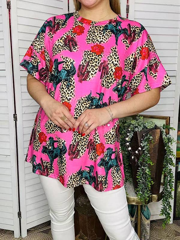 Women t-shirt Pink leopard & western printed BQ1025 for wholesale by luluclothes