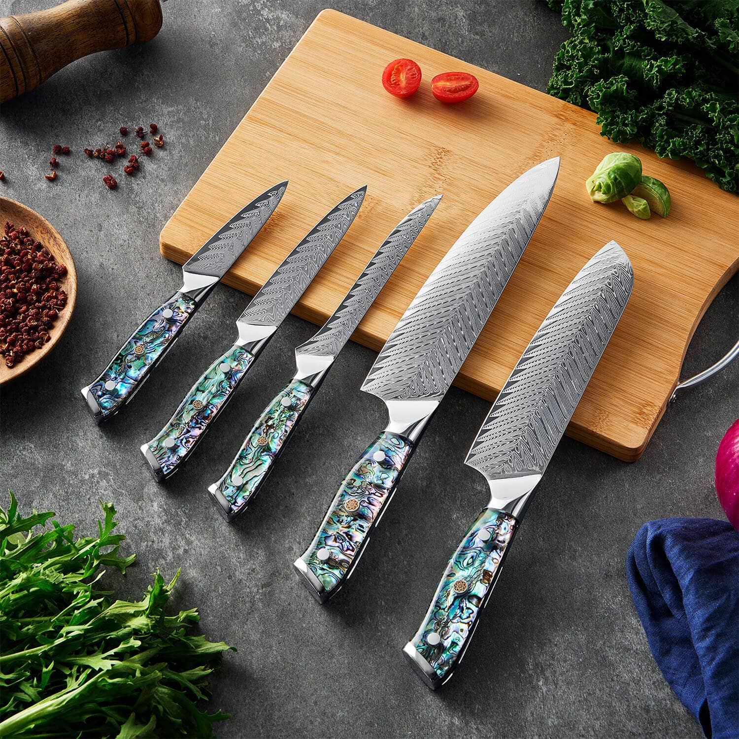 Senken Knives - Wholesale Knife Set - 5-Piece Japanese Damascus Steel Knife Set w/ Abalone Shell1