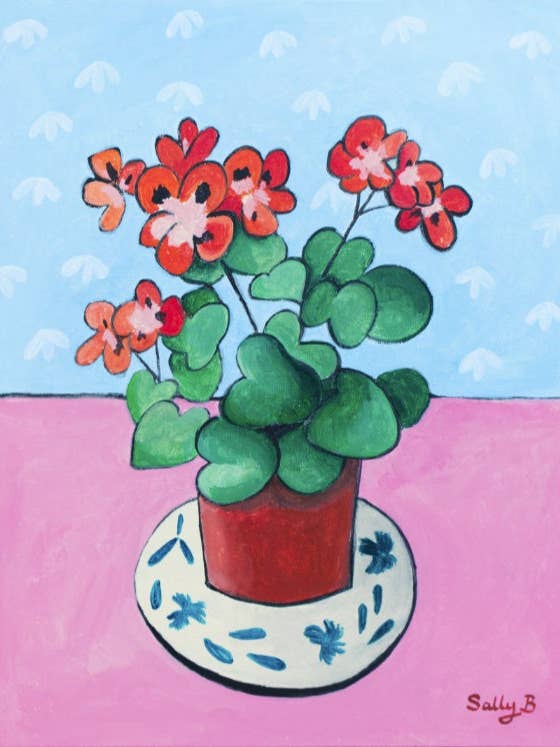 Affiche d'art vase chinoiserie avec bouquet de géraniums pour la vente par Sally B