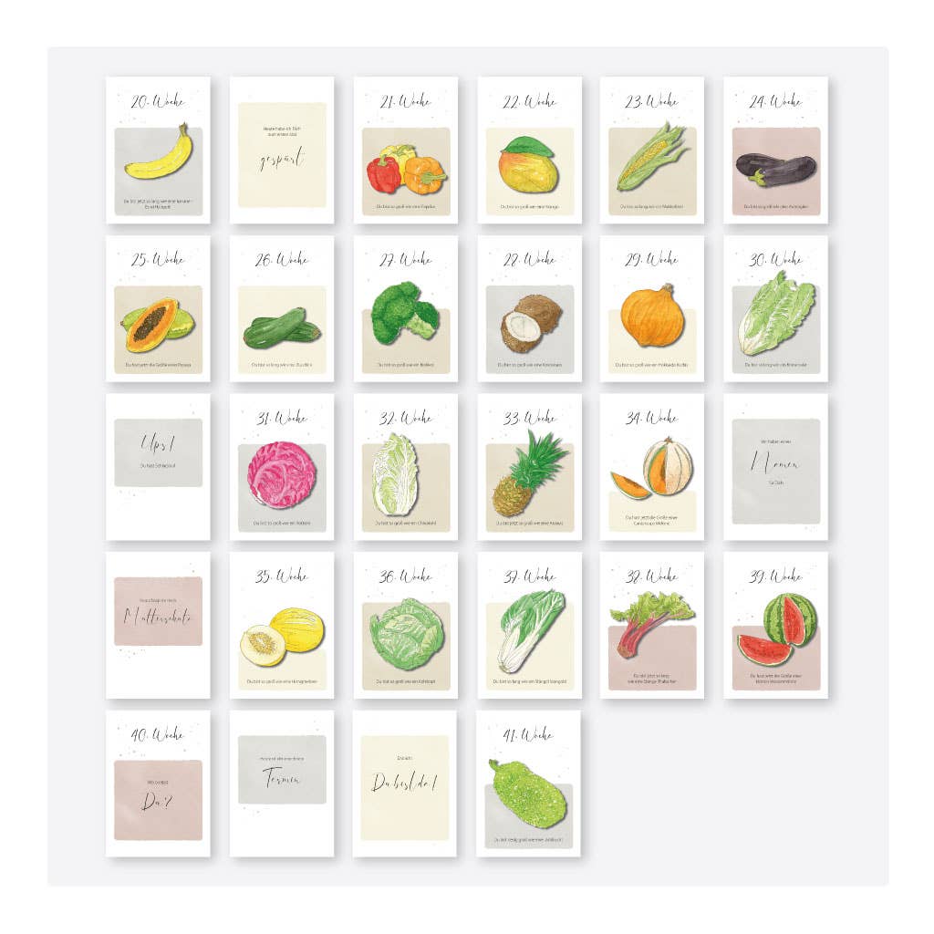 Funkenbunt – wholesale Vardagliga hälsningskort – Graviditetskort med milstolpar – frukt och grönsaker | 52 kort9