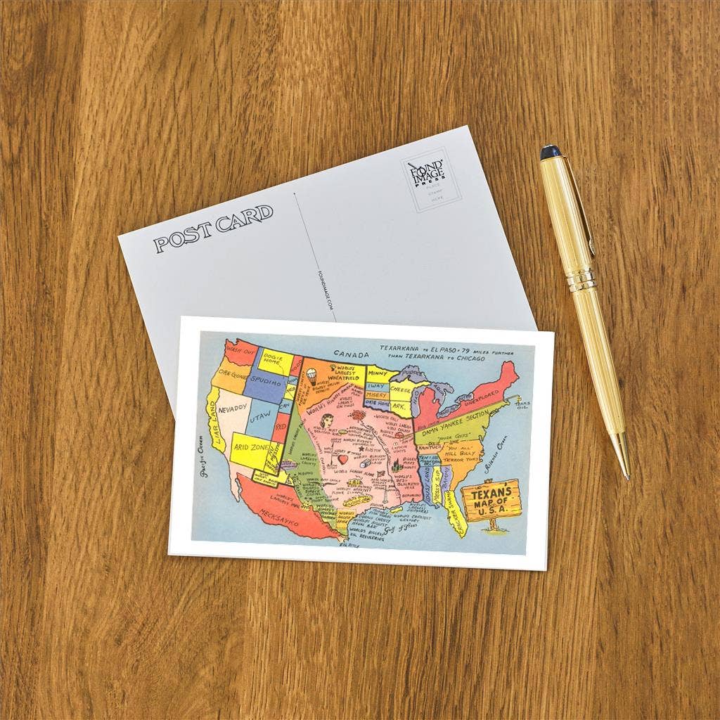 Found Image Press – wholesale Postcard – Postcard TX-531 Texan's Map of US1