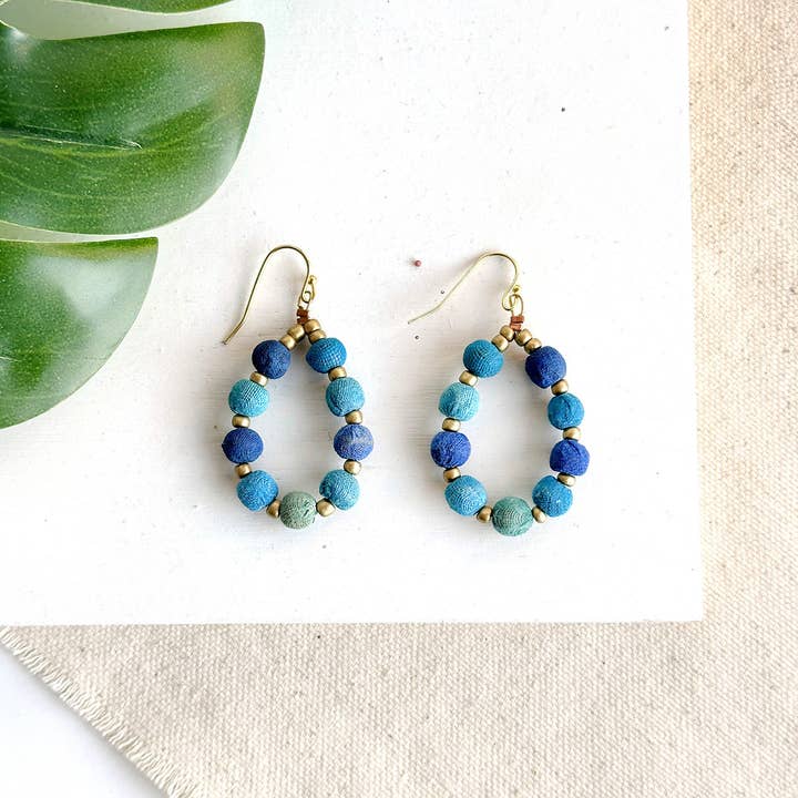 WorldFinds - Wholesale Dangle Earrings - Kantha Azure Beaded Teardrop Earrings4