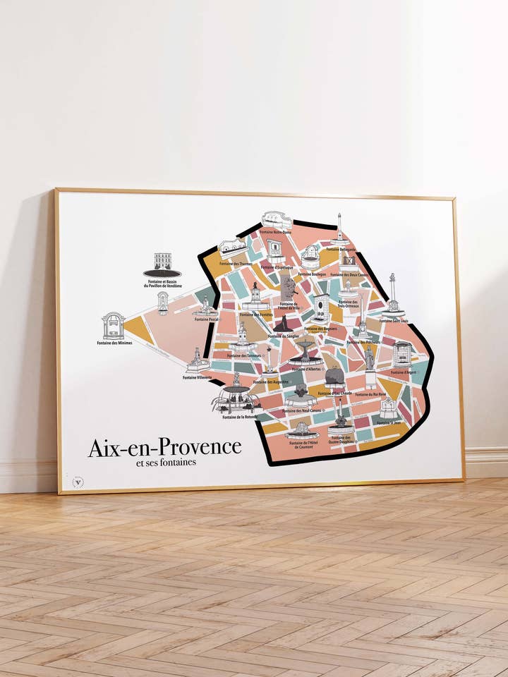 Map of the Fontaines d'Aix-en-Provence - Poster 30x40 cm for wholesale by Atelier Vauvenargues