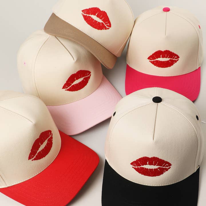 Kiss Me Red Lips Embroidery Two-Tone Trucker Hat for wholesale by Fashion City