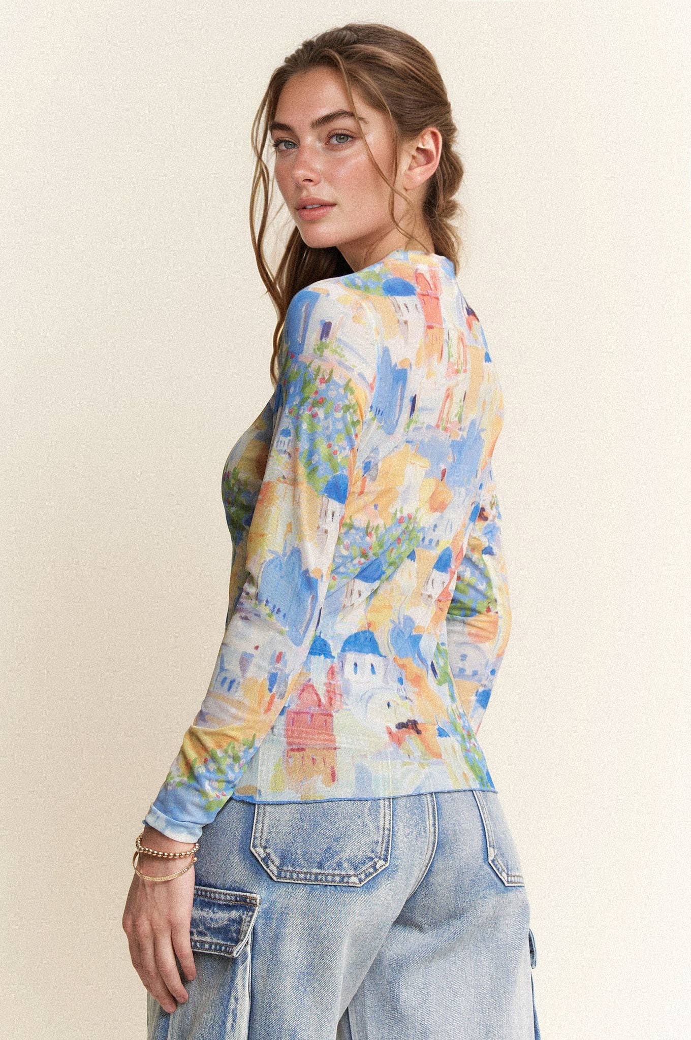 Davi & Dani – wholesale Knit top – Women's – MULTI PRINTED MESH ROUND NECK LONG SLEEVE TOP12