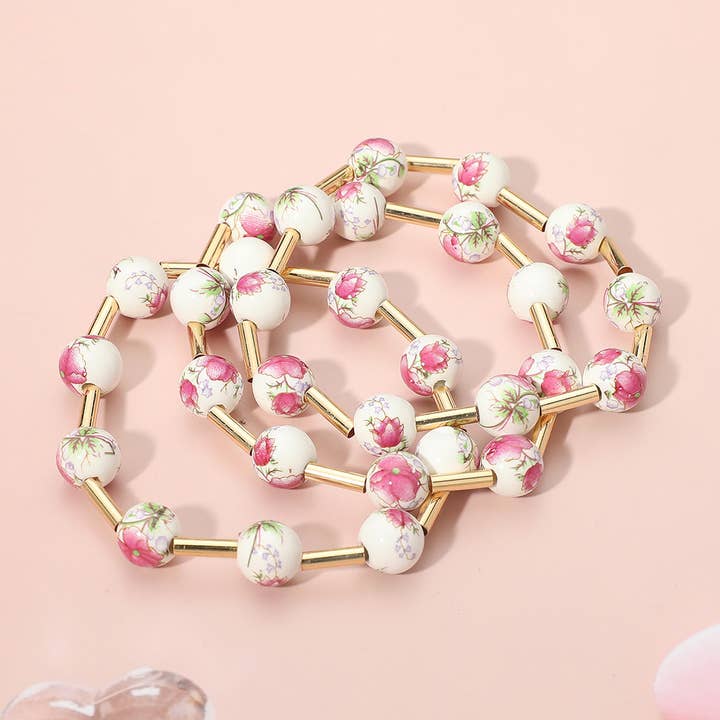 Sensibling Corp. - Wholesale Beaded Bracelet - 3PCS - Floral Ceramic Ball Beaded Stretch Multi Layered Bracelets4