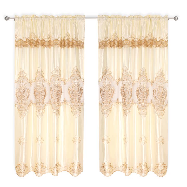 Julia Embroidery Sheer Satin Panel Curtain with Valance for wholesale by Floris Linens