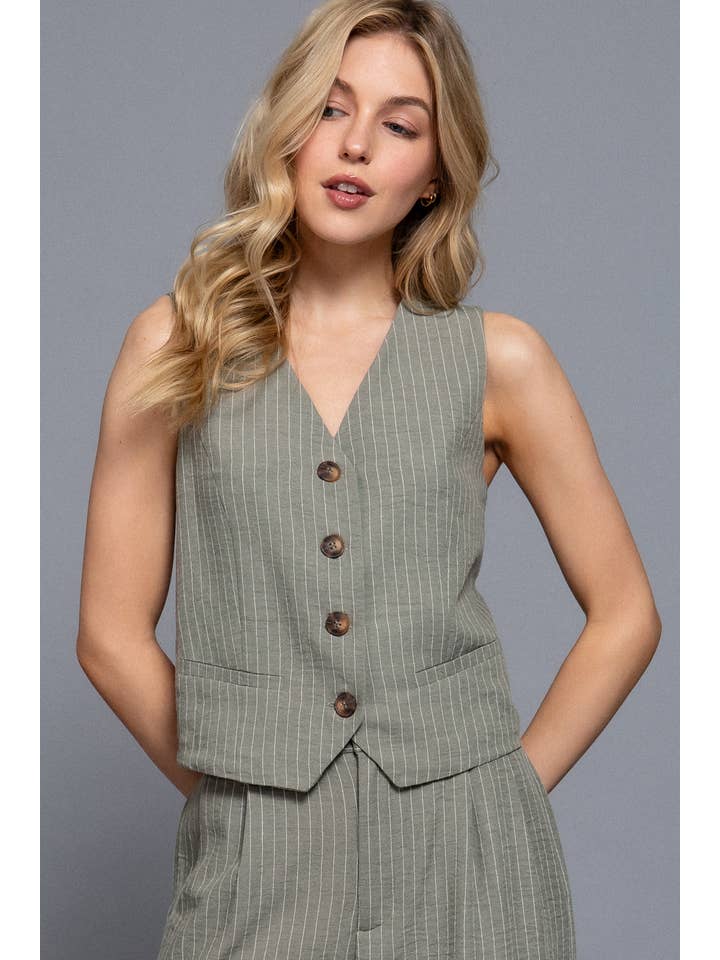 Active Basic | Active USA - Wholesale Suit Vest - Women's - V-Neckline Front Button Closure Linen Effect Vest