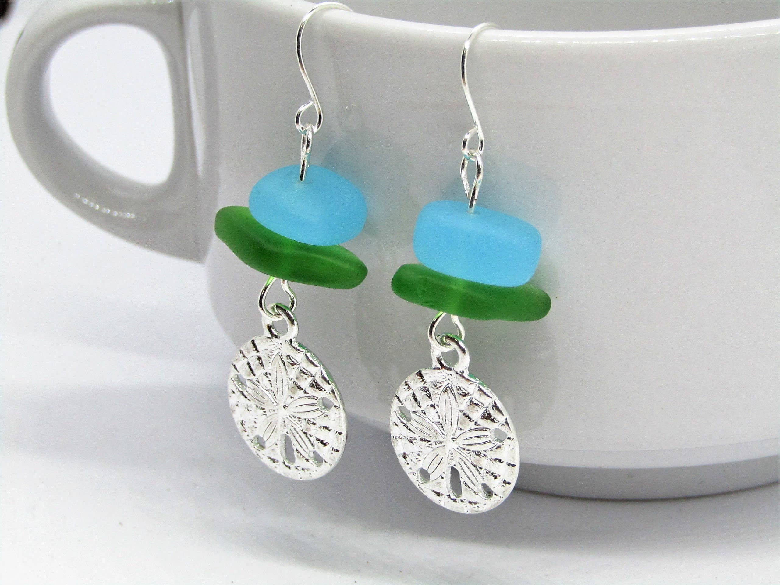 Bad Apple Designs - Wholesale Dangle Earrings - Frosted Sea Glass Earrings: Silver Sand Dollar Dangles #24