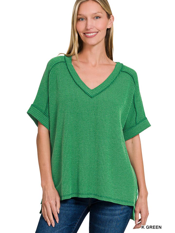 42POPS – wholesale Stickad topp - Dam – .Corded Rib Kortärmad Topp med Rå Kant70