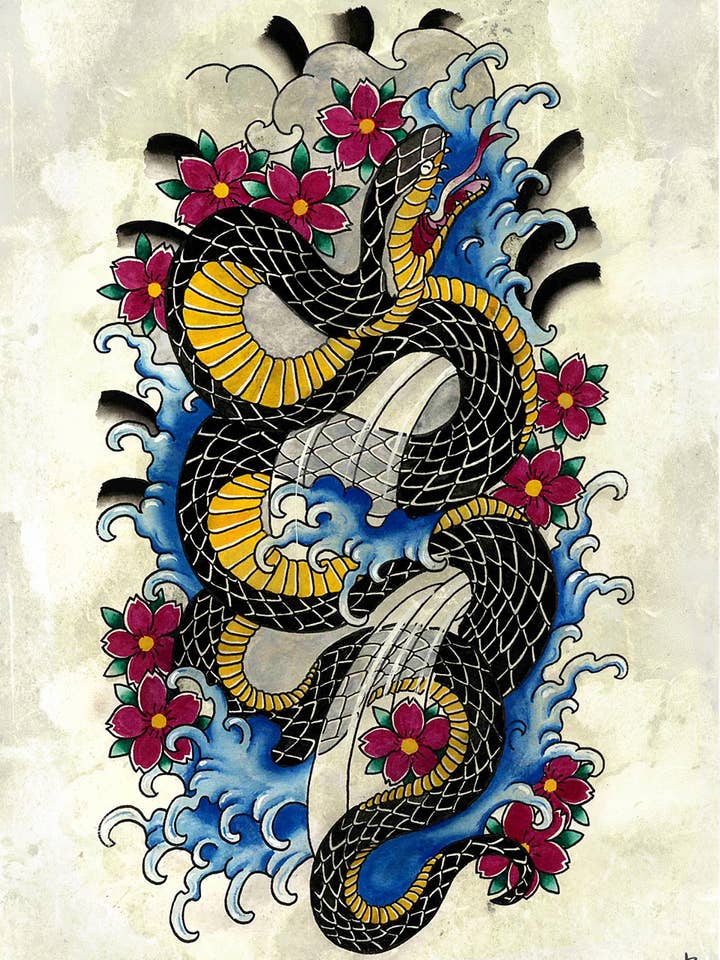 Stampa cartolina Serpent Cherry Blossom (12,7 x 17,8 cm) - Snake Art per la vendita all'ingrosso da parte di LOR&INK